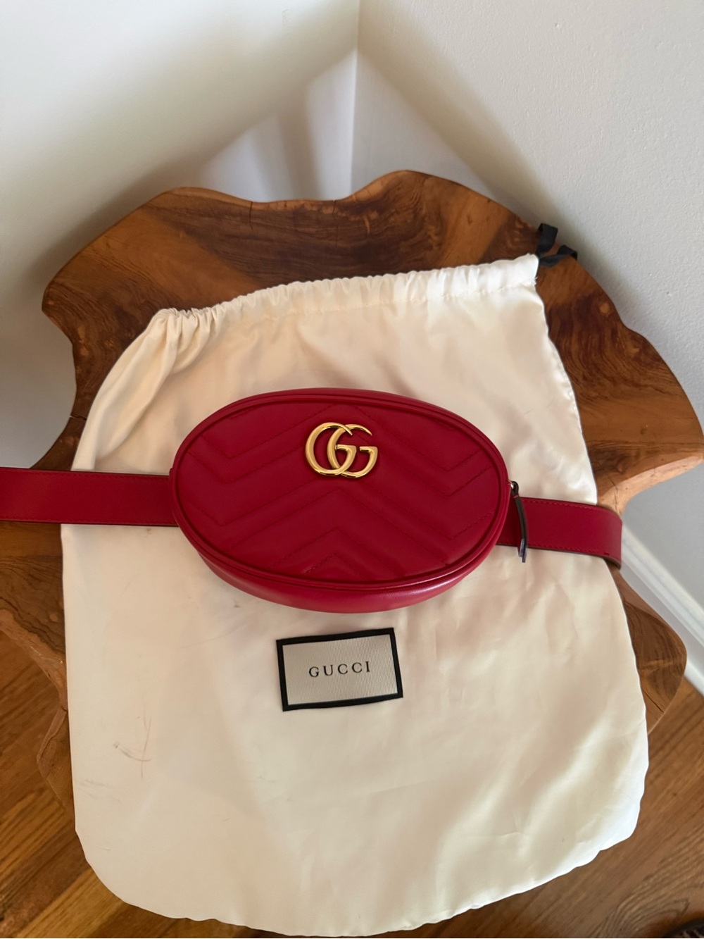 Gucci Red Matelassé Leather Belt Bag with Gold Double G